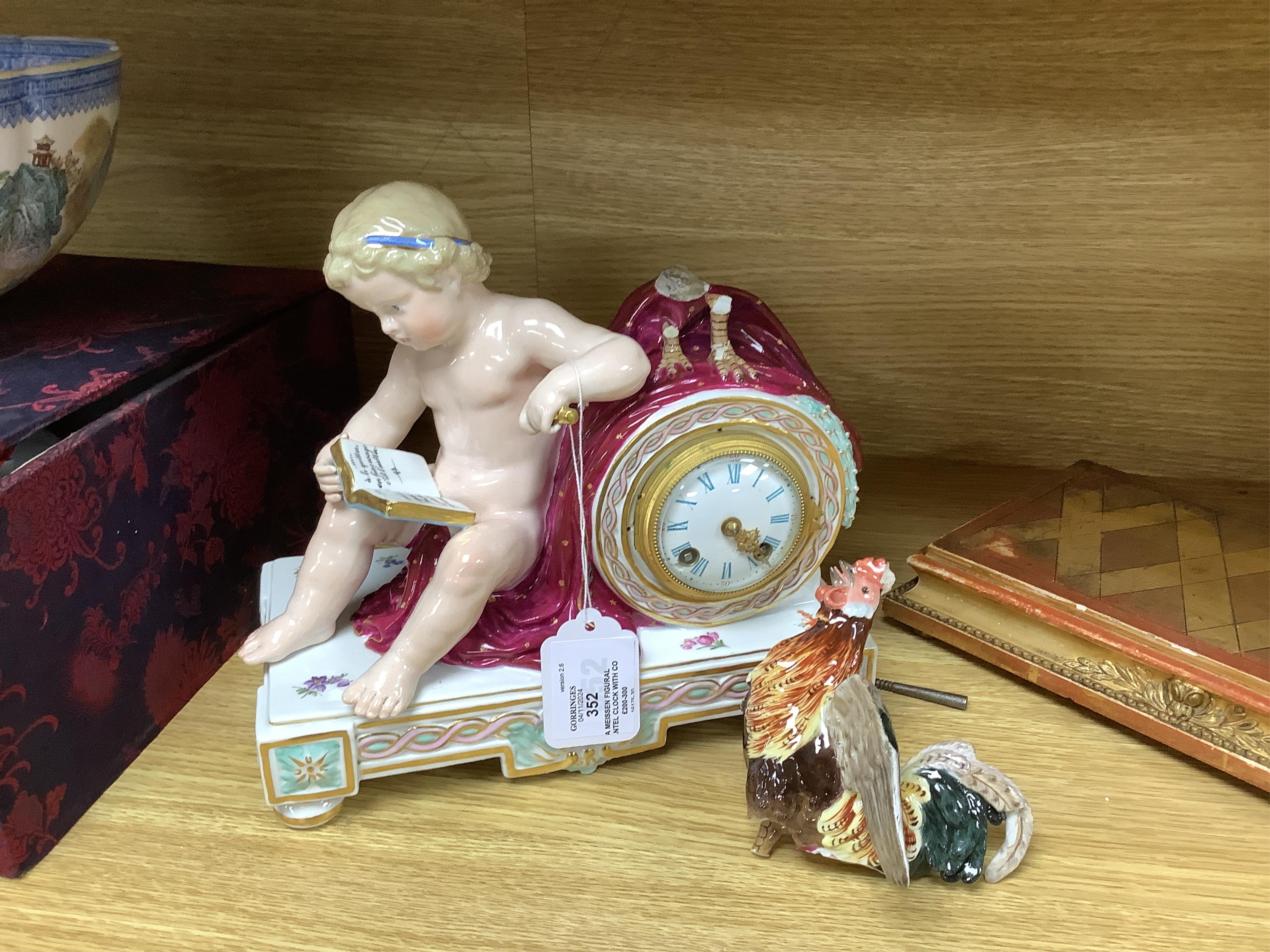 A Meissen figural mantel clock with cockerel surmount, French movement striking on a bell, 29cm high. Condition - poor